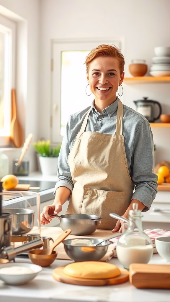 A cheerful baker in a sunny kitchen, surrounded by baking tools and ingredients, smiling while holding a bowl
