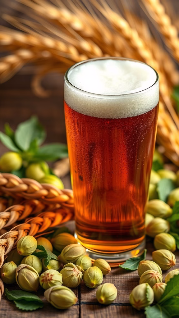A glass of amber American Pale Ale surrounded by hops and wheat, representing a beginner-friendly homebrew beer recipe.