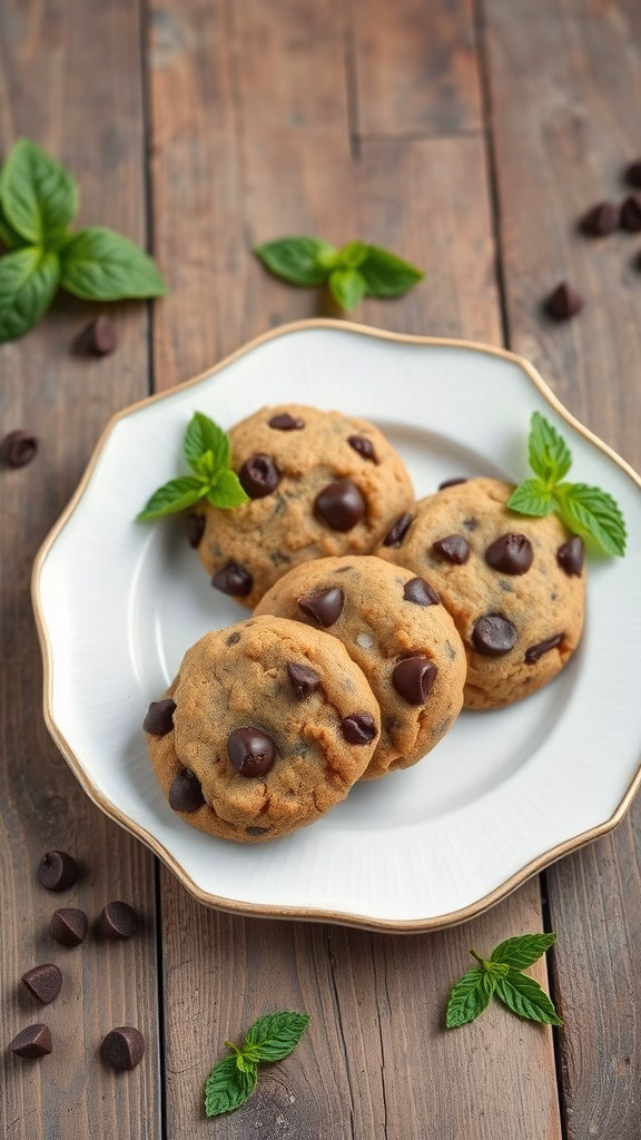Delicious Andes Mint Chocolate Cookies on a plate, garnished with mint leaves.