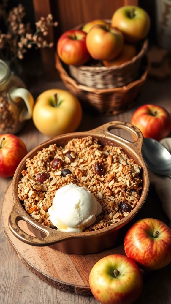 A warm apple crumble with oat topping served with a scoop of ice cream.
