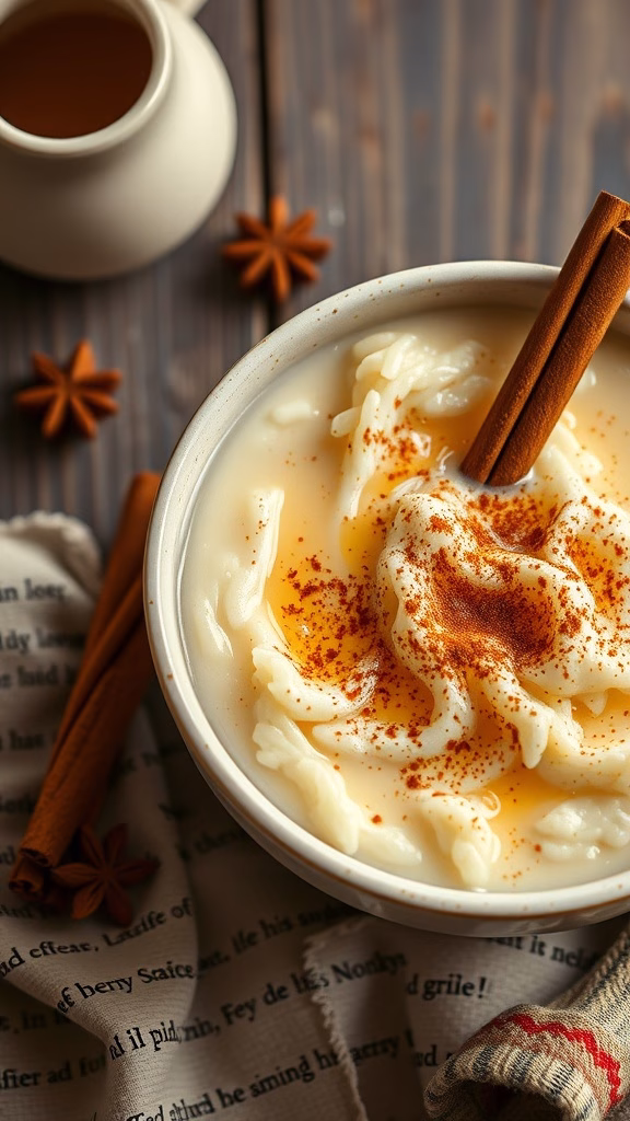 A bowl of creamy Peruvian rice pudding topped with a sprinkle of cinnamon.