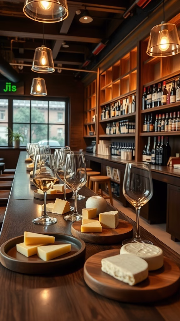 A cozy wine bar setup featuring glasses of wine and an array of artisanal cheeses on wooden platters, illuminated by soft pendant lighting.