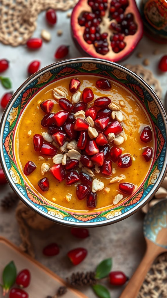 A delicious bowl of Aşure topped with pomegranate seeds and nuts.