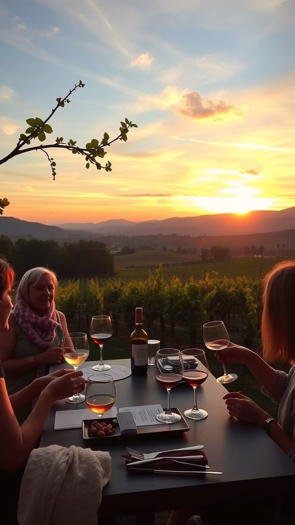 Group of friends enjoying wine at a vineyard during sunset