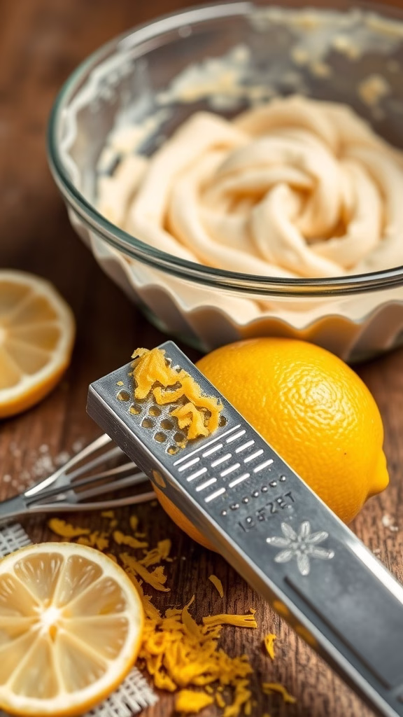 A bowl of pastry dough with lemon zest being added