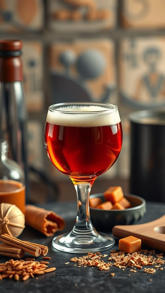 A glass of barleywine beer with caramel candies and spices around it.