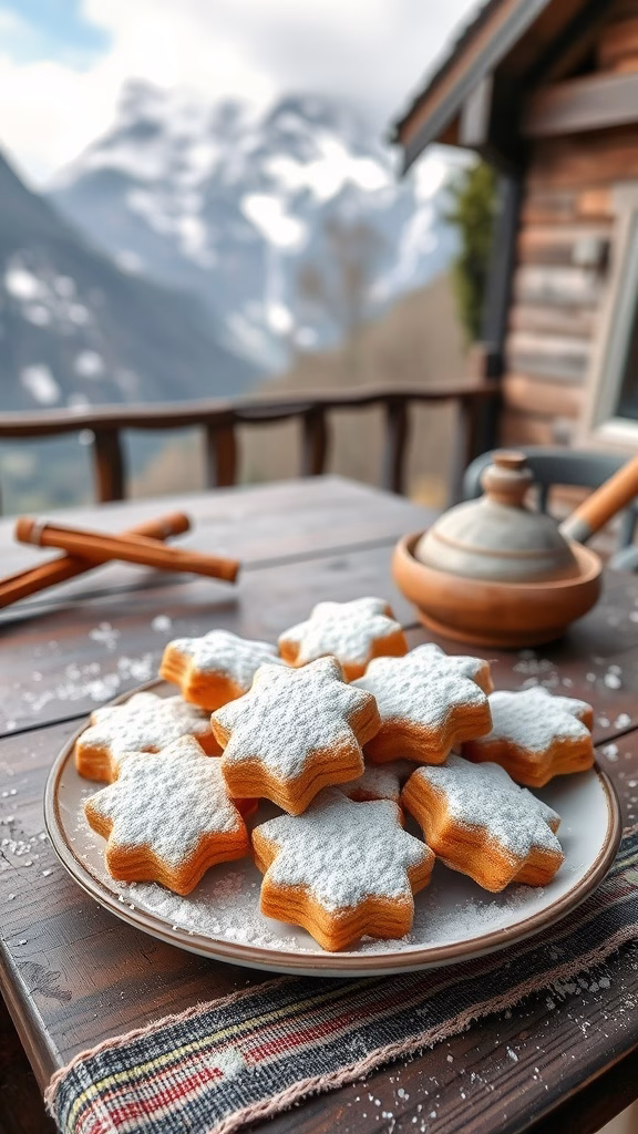 Star-shaped honey spice cookies dusted with powdered sugar, arranged on a plate.