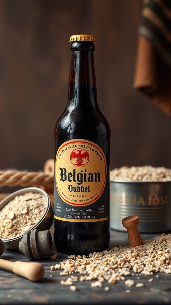 A bottle of Belgian Dubbel beer surrounded by brewing ingredients like malt and hops.
