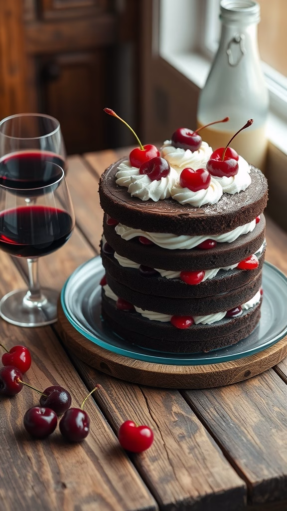 A layered Black Forest Cake topped with cherries and whipped cream, served with glasses of red wine.
