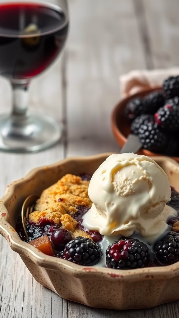 Delicious blackberry cobbler served with a scoop of vanilla ice cream, perfect for pairing with red wine.