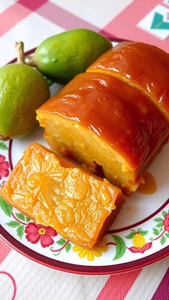 Bocadillo, a Colombian guava dessert cut into squares on a plate.