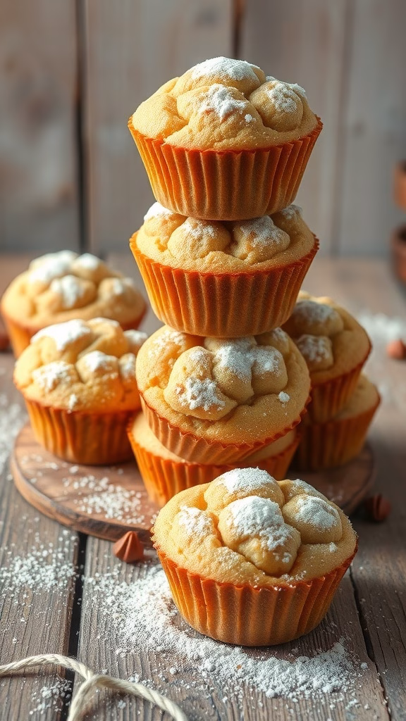 Delicious Bolos de Arroz muffins stacked on a wooden tray, dusted with powdered sugar.