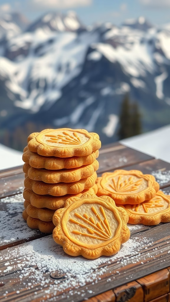 A stack of Brätzeli cookies on a wooden surface with a snowy mountain backdrop.