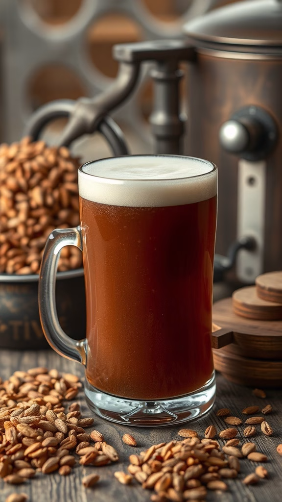 A glass of brown ale with grains in the background