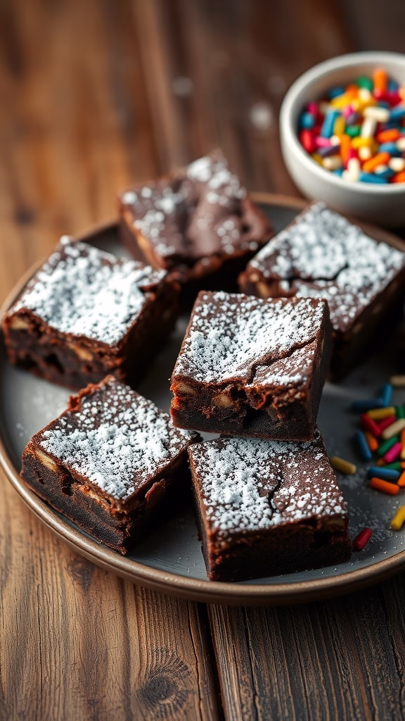 A plate of brownie bites dusted with powdered sugar, with a bowl of colorful sprinkles on the side.