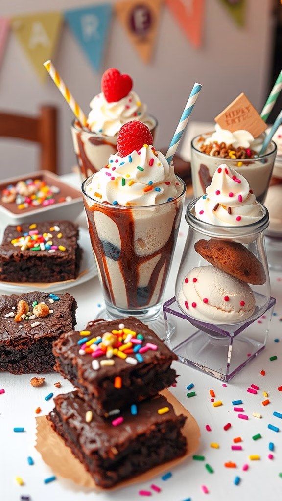 A delicious brownie sundae bar with various toppings and ice cream.