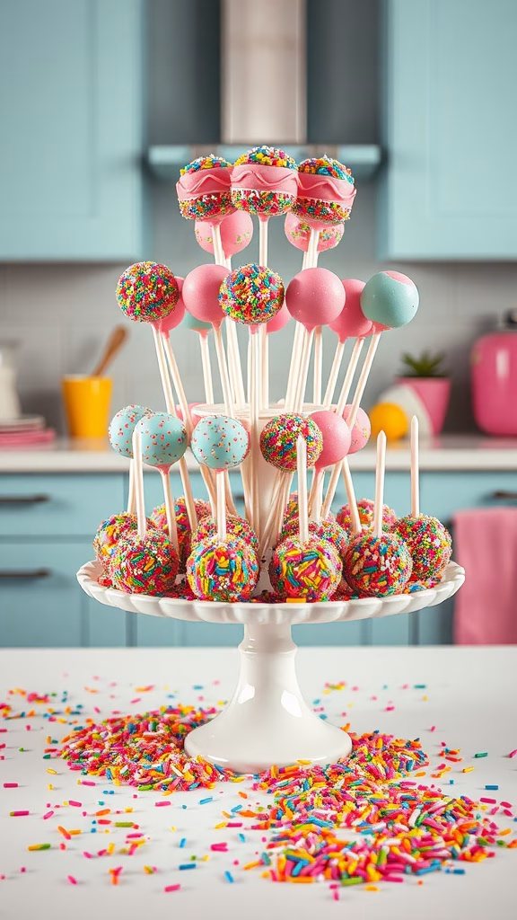 Colorful cake pops arranged on a stand, surrounded by colorful sprinkles.