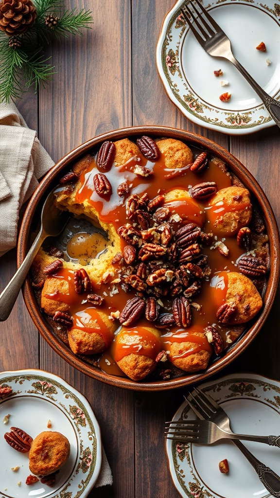 A warm caramel pecan bread pudding topped with pecans and caramel sauce in a serving dish.