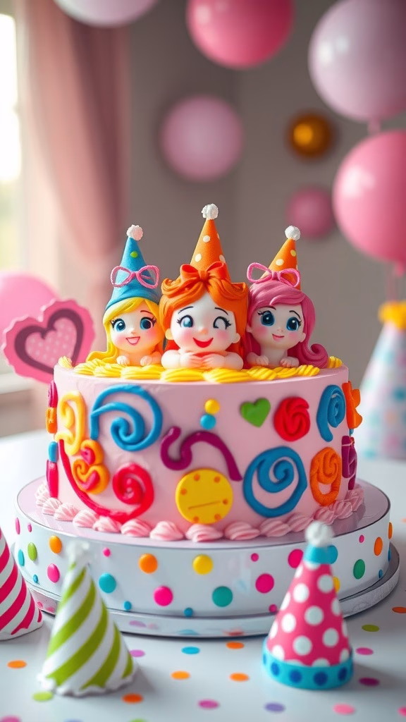 A colorful cartoon character cake with three cartoon faces, bright decorations, and party hats, set against a background of balloons.