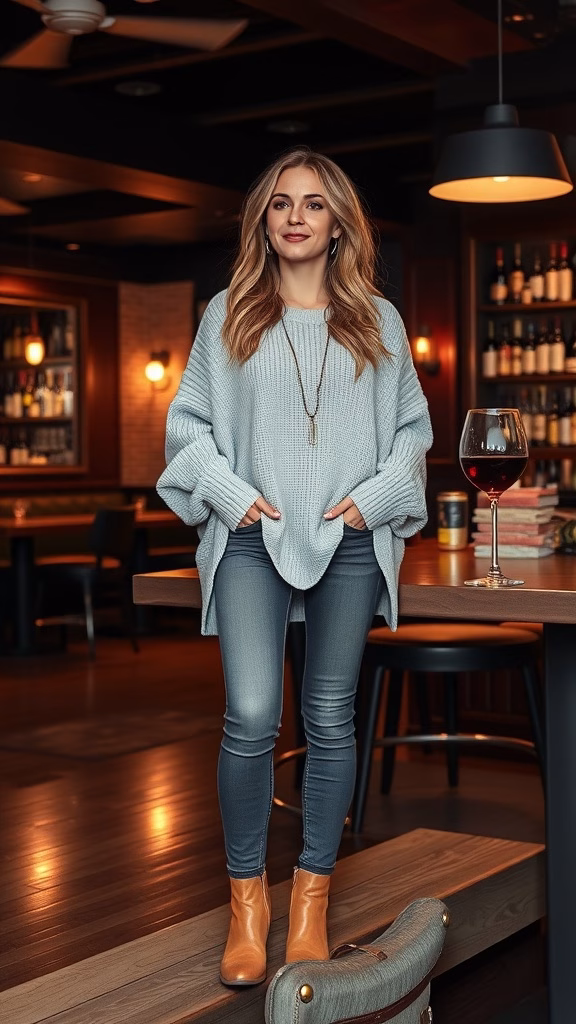 A woman in a light blue oversized sweater and fitted jeans, standing in a wine lounge with a glass of red wine.