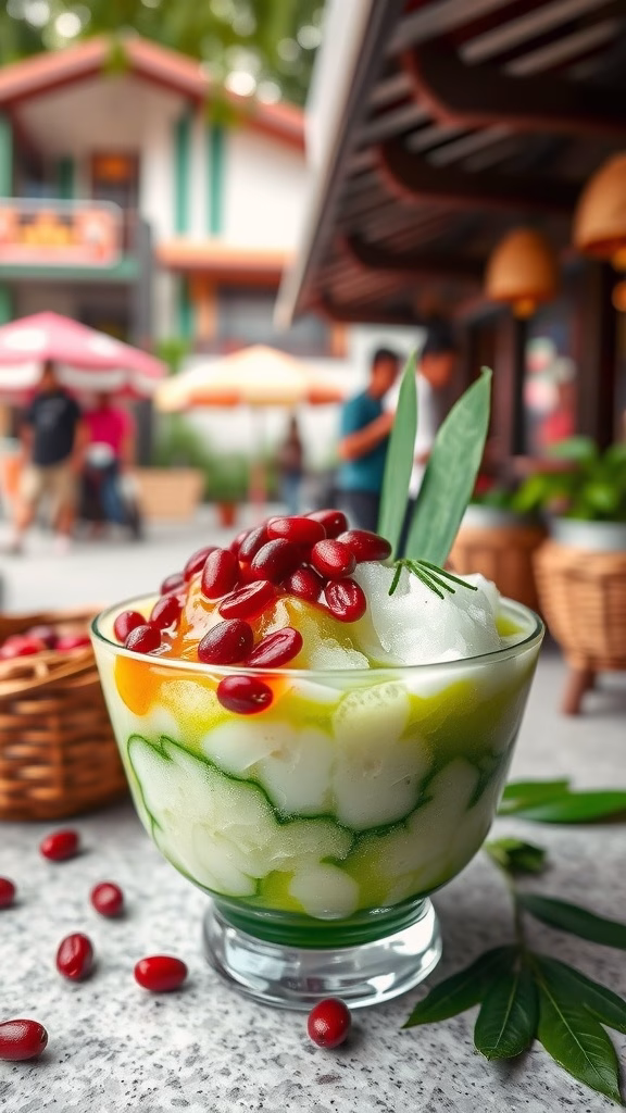 A bowl of Chendol topped with red beans and served with coconut milk.