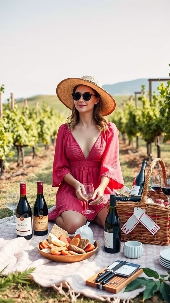 A woman in a burgundy dress sitting on a picnic blanket in a vineyard, surrounded by wine bottles and snacks.