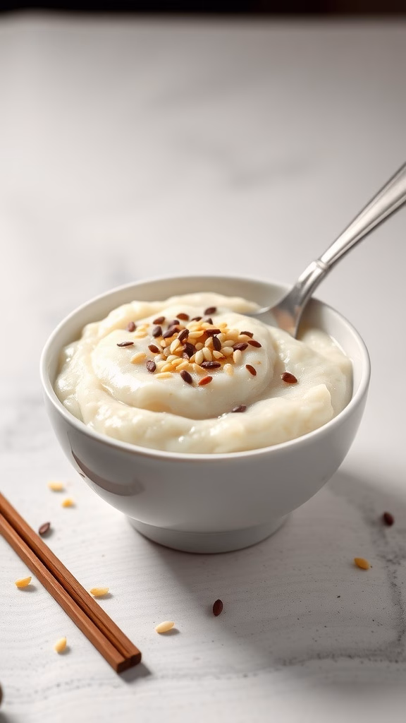 A bowl of creamy Chinese rice pudding topped with nuts, served with chopsticks