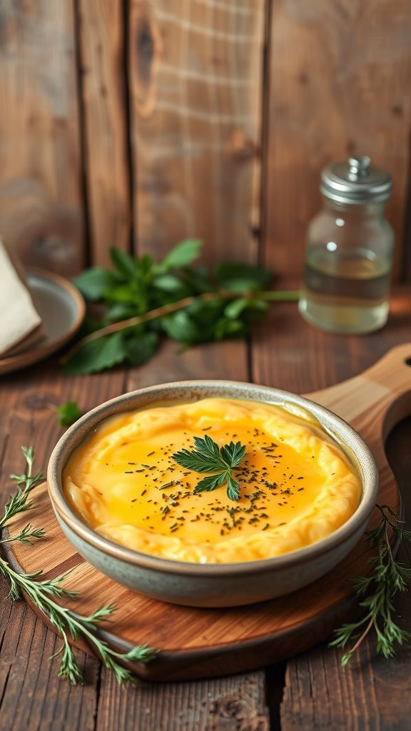 A bowl of Choclo con Queso, featuring fresh Peruvian corn topped with cheese and herbs.