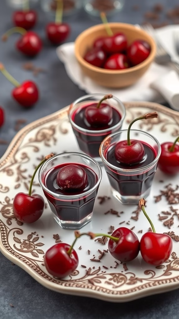 Chocolate-Covered Cherry Jello Shots on a decorative plate with fresh cherries.