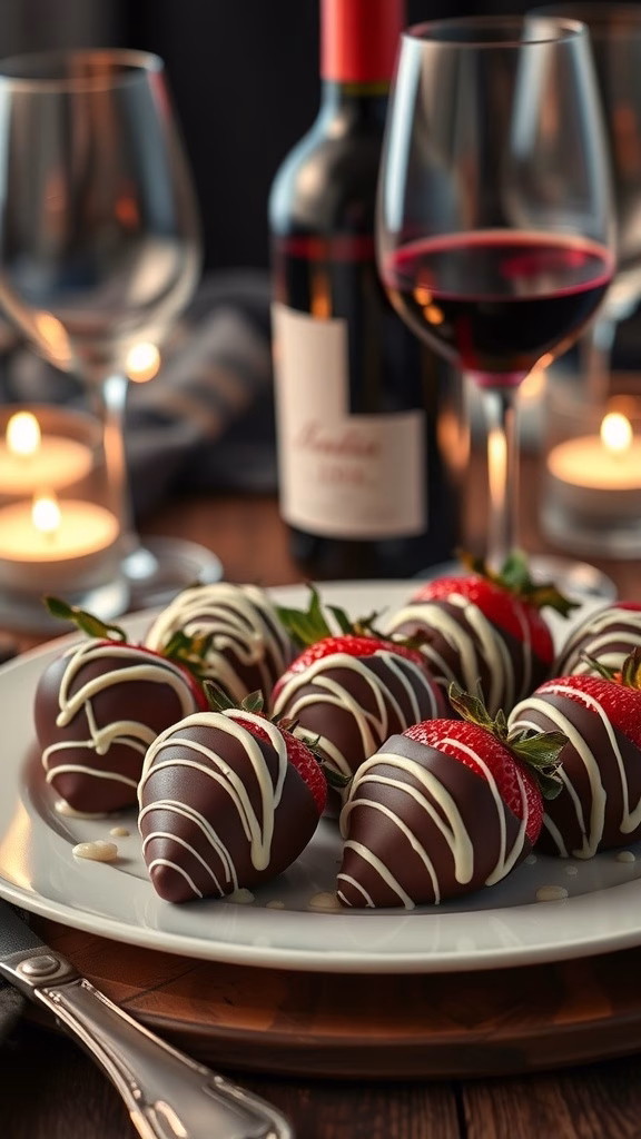 A plate of chocolate-covered strawberries drizzled with white chocolate, perfect for pairing with red wine.
