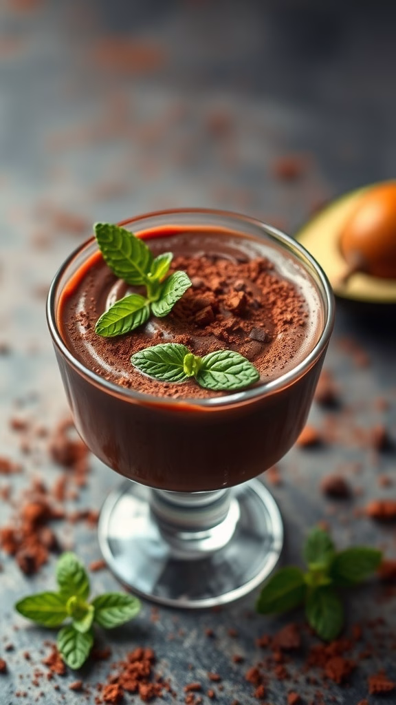 A delicious serving of chocolate avocado mousse garnished with mint leaves.