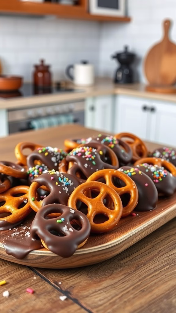 A wooden platter filled with chocolate dipped pretzels topped with colorful sprinkles and coarse salt, set in a cozy kitchen.
