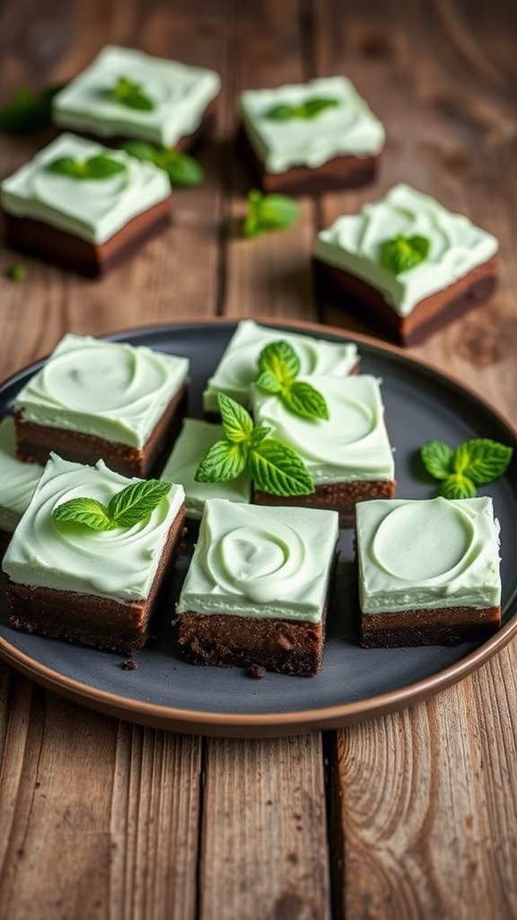 Chocolate mint cheesecake bars on a plate, garnished with mint leaves.