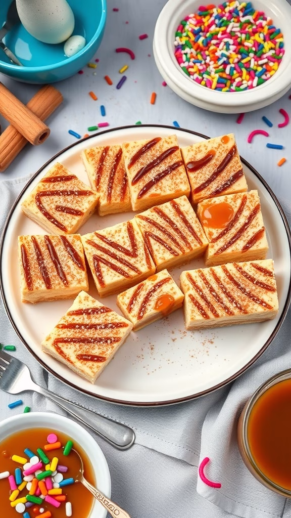 Churro cheesecake bars arranged on a plate with cinnamon and sprinkles