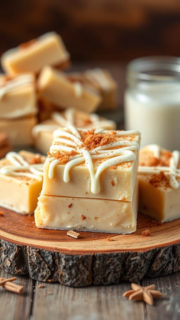 Churro spice white chocolate fudge displayed on a wooden plate with a rustic design.