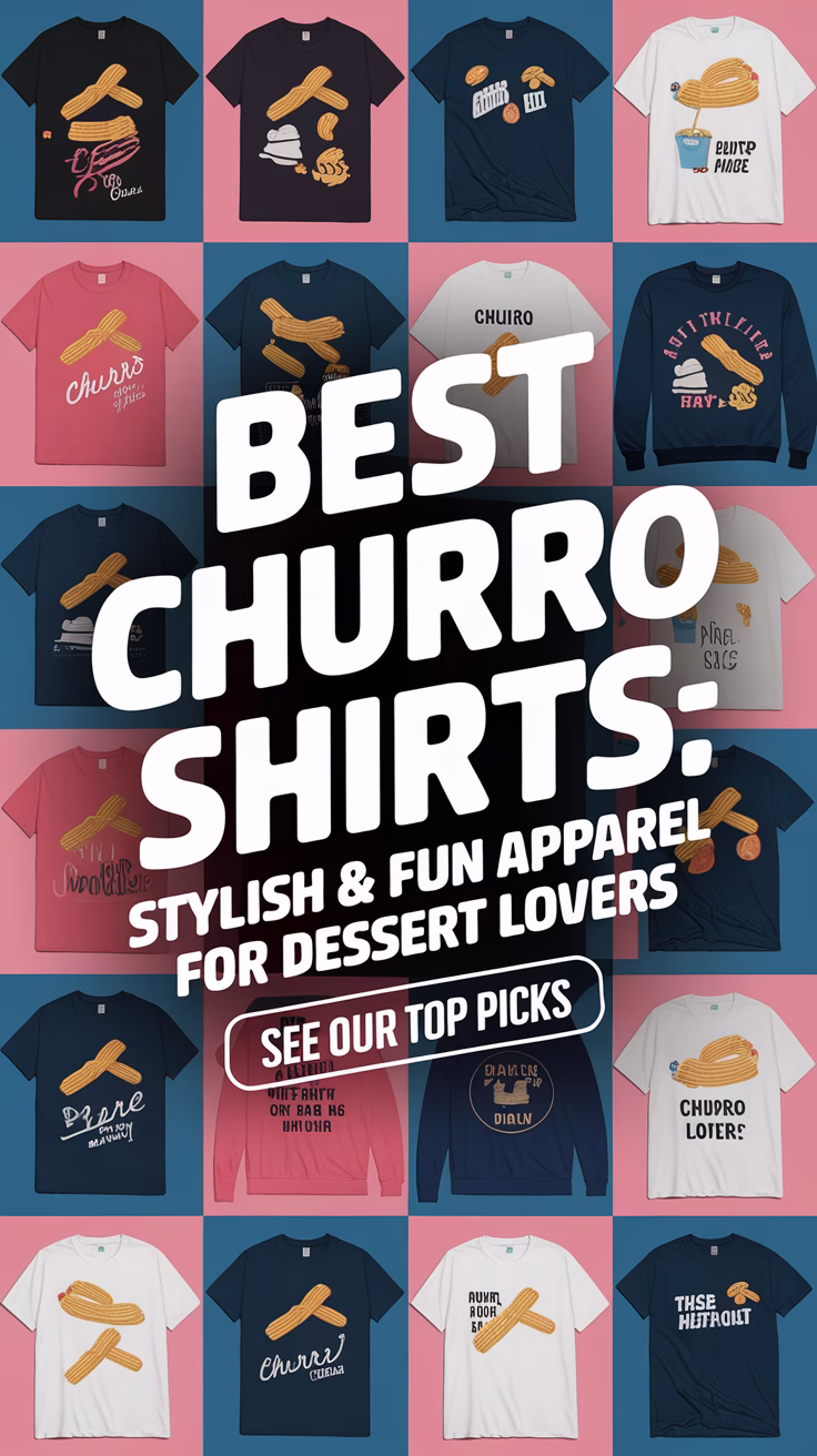 Create a pin for my blog on Best Churro Shirts: Stylish & Fun Apparel for Dessert Lovers Make the central text bold and playful, with a background featuring a variety of churro-themed apparel, such as t-shirts and sweatshirts with churro graphics or witty churro-related phrases, emphasizing their unique designs and appeal to dessert enthusiasts. Add "See Our Top Picks" in the bottom corner to encourage viewers to click and explore these stylish churro-themed clothing options.