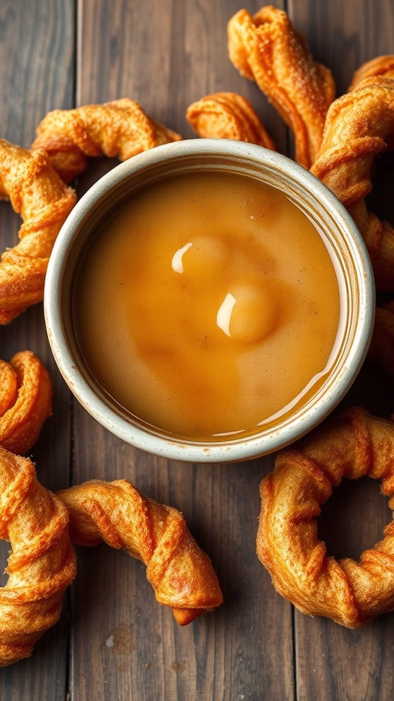 A bowl of cinnamon maple glaze surrounded by churros