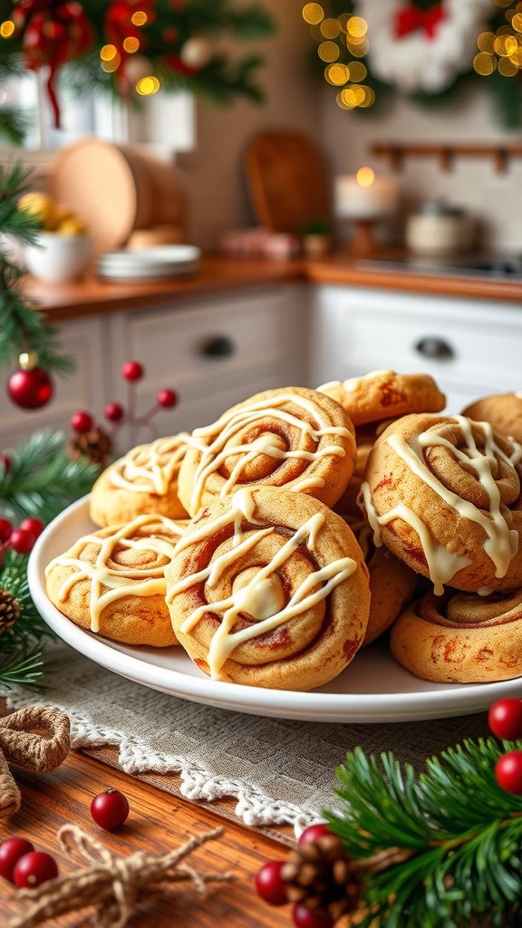 Plate of Cinnamon Roll Swirl Cookies drizzled with icing, surrounded by festive decorations.
