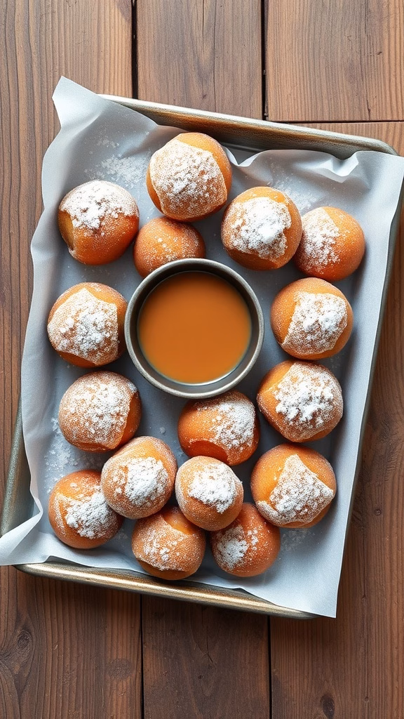 A tray of cinnamon sugar donut holes with powdered sugar and a dipping sauce.