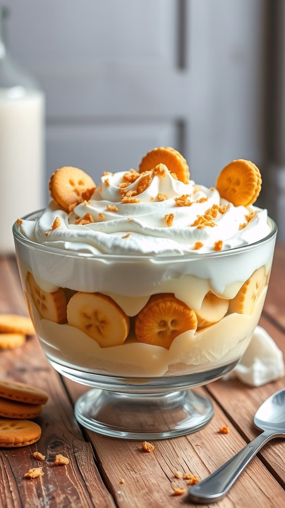 A bowl of classic banana pudding trifle with layers of bananas, vanilla wafers, and whipped cream