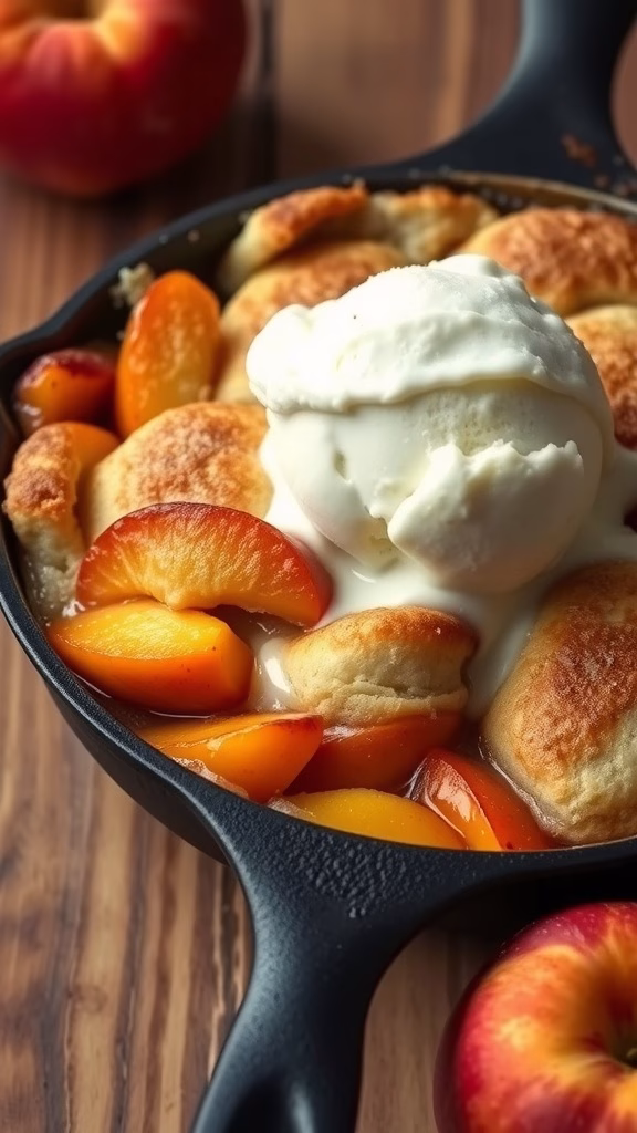 A classic southern peach cobbler served in a cast iron skillet topped with a scoop of vanilla ice cream.