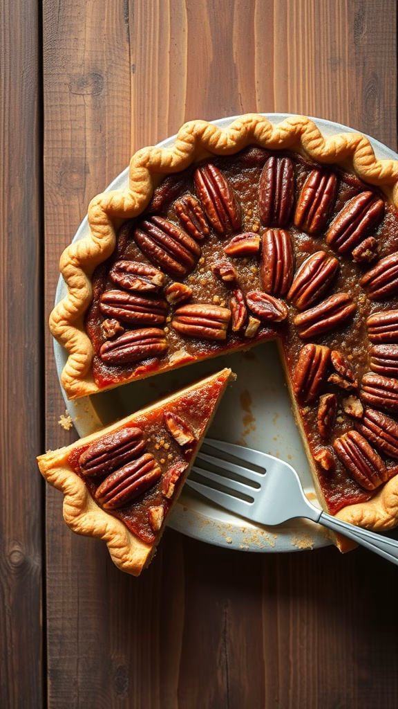 A classic Southern pecan pie with a few slices cut out, showcasing the rich filling and pecan topping.