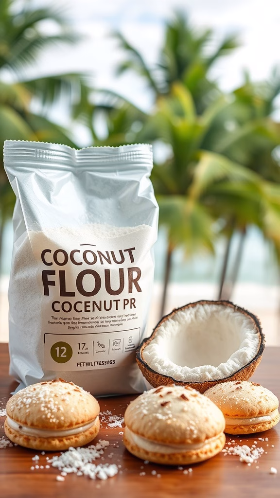 A bag of coconut flour next to coconut macarons and a coconut shell, with palm trees in the background.