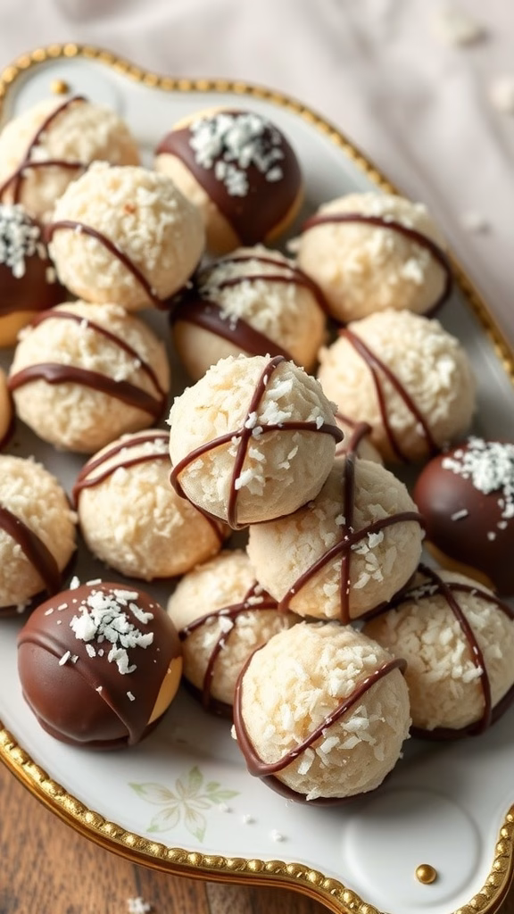 Coconut macaroons dipped in chocolate displayed on a decorative plate.