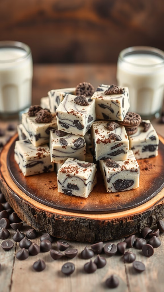 Delicious cookies and cream swirl fudge pieces on a wooden platter with chocolate chips scattered around.