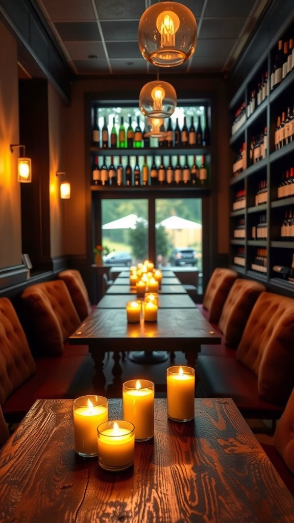 Cozy candlelit wine lounge with soft lighting and wine bottles on display