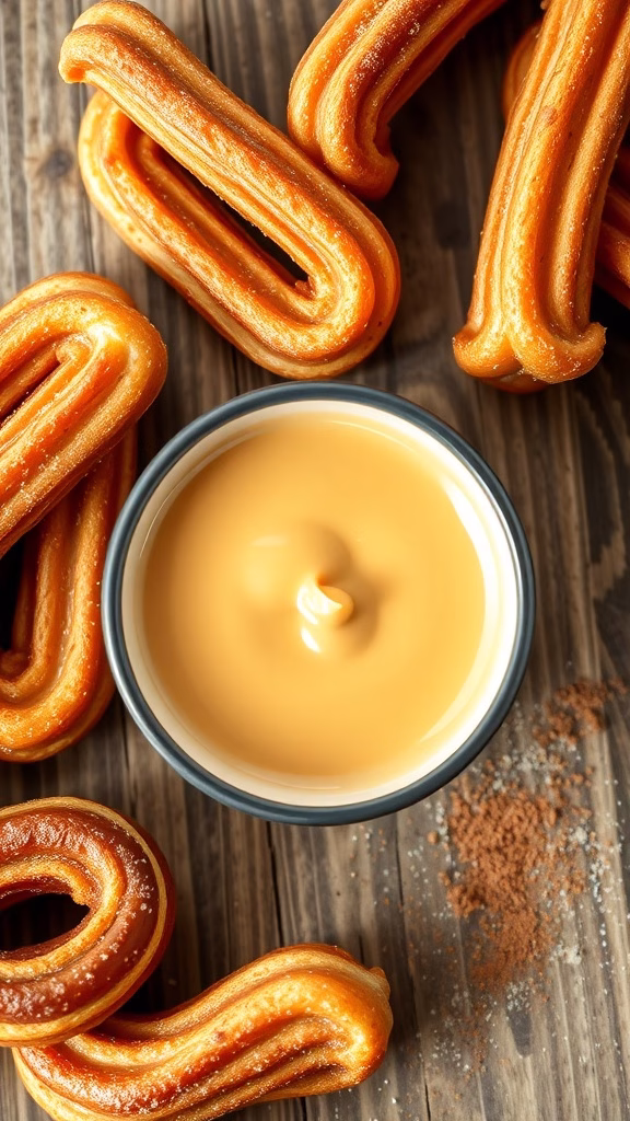 Creamy dulce de leche sauce next to freshly made churros