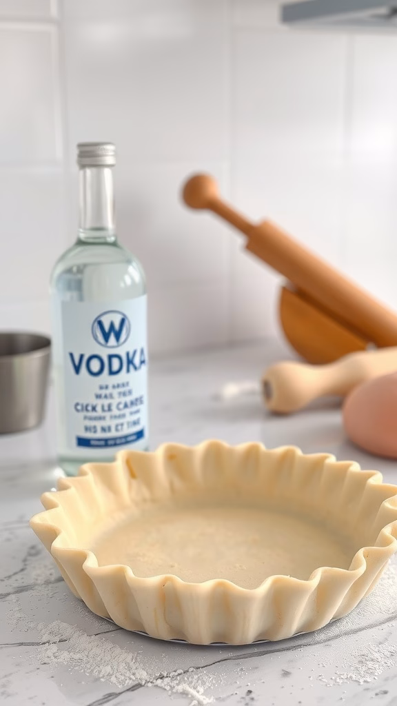 A bottle of vodka beside a raw pie crust on a kitchen counter, with a rolling pin and measuring cup in the background.
