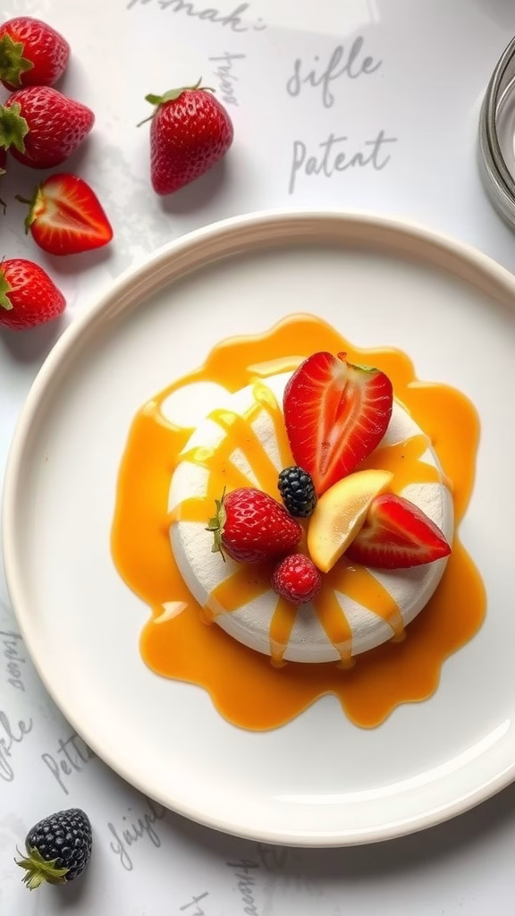 A delicious serving of Crema Volteada topped with fresh fruits and caramel sauce.