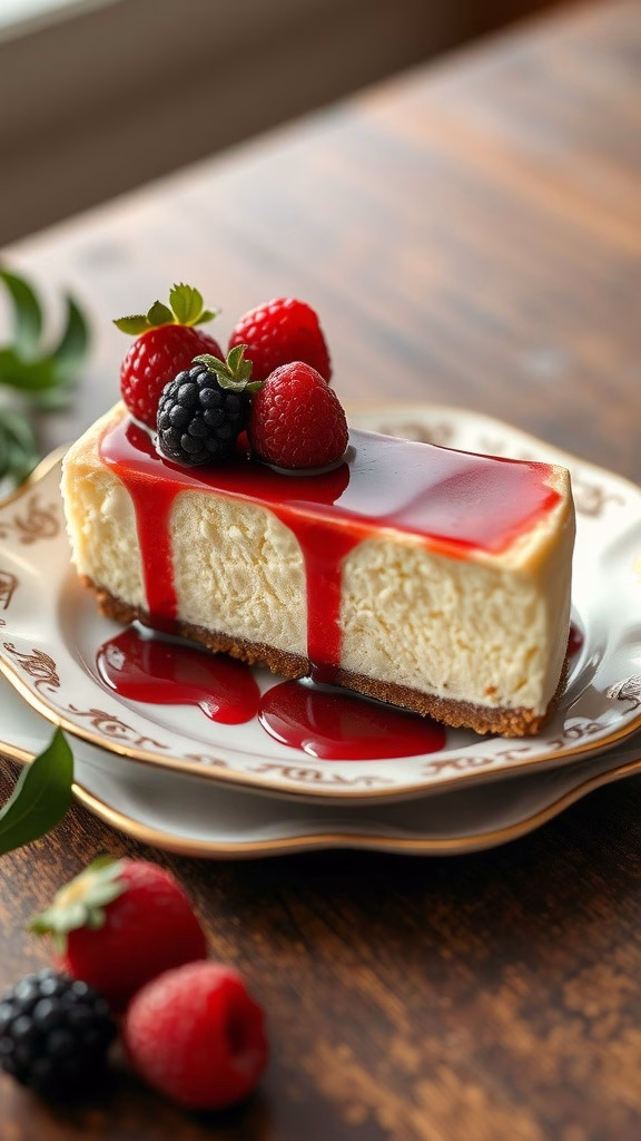 A slice of Creole Cream Cheese Cheesecake garnished with berries and a fruit sauce.